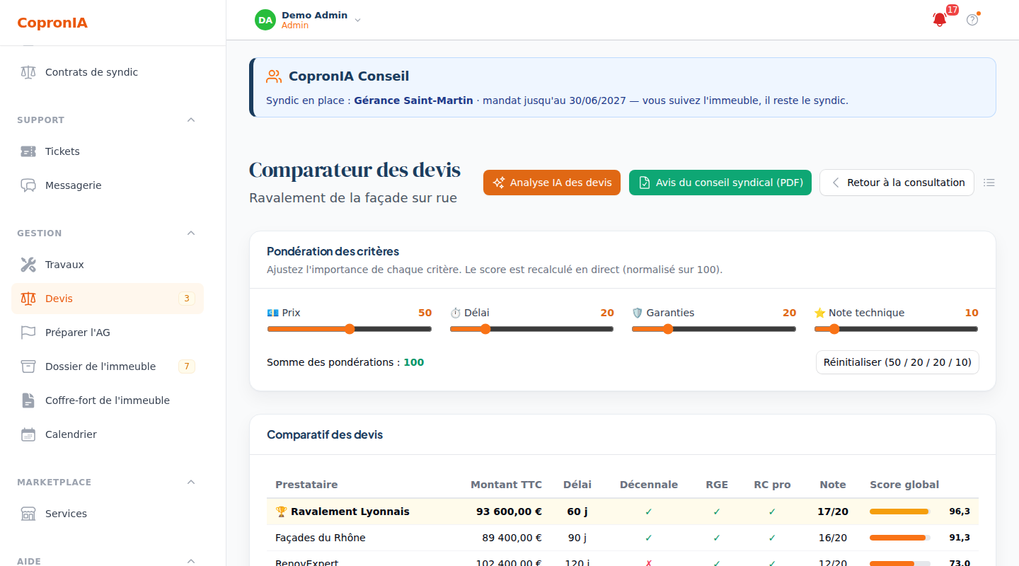 Comparateur de devis de CopronIA Conseil : trois entreprises, montant TTC, délai, décennale, RGE, RC professionnelle, note technique et score global, avec des curseurs pour pondérer chaque critère
