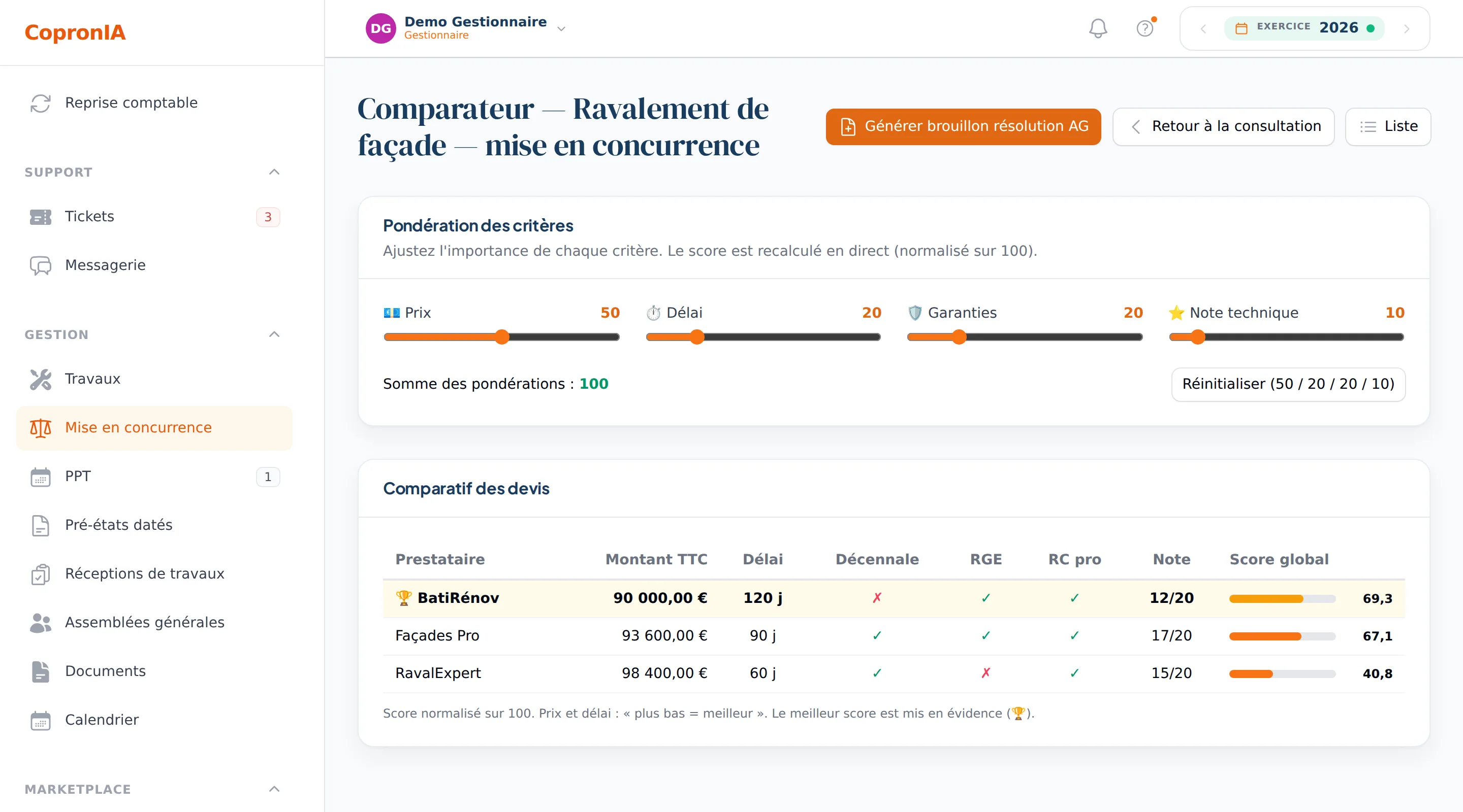 Comparateur de devis : trois devis d'artisans côte à côte pour un ravalement, avec montant, délai, garanties et un score global