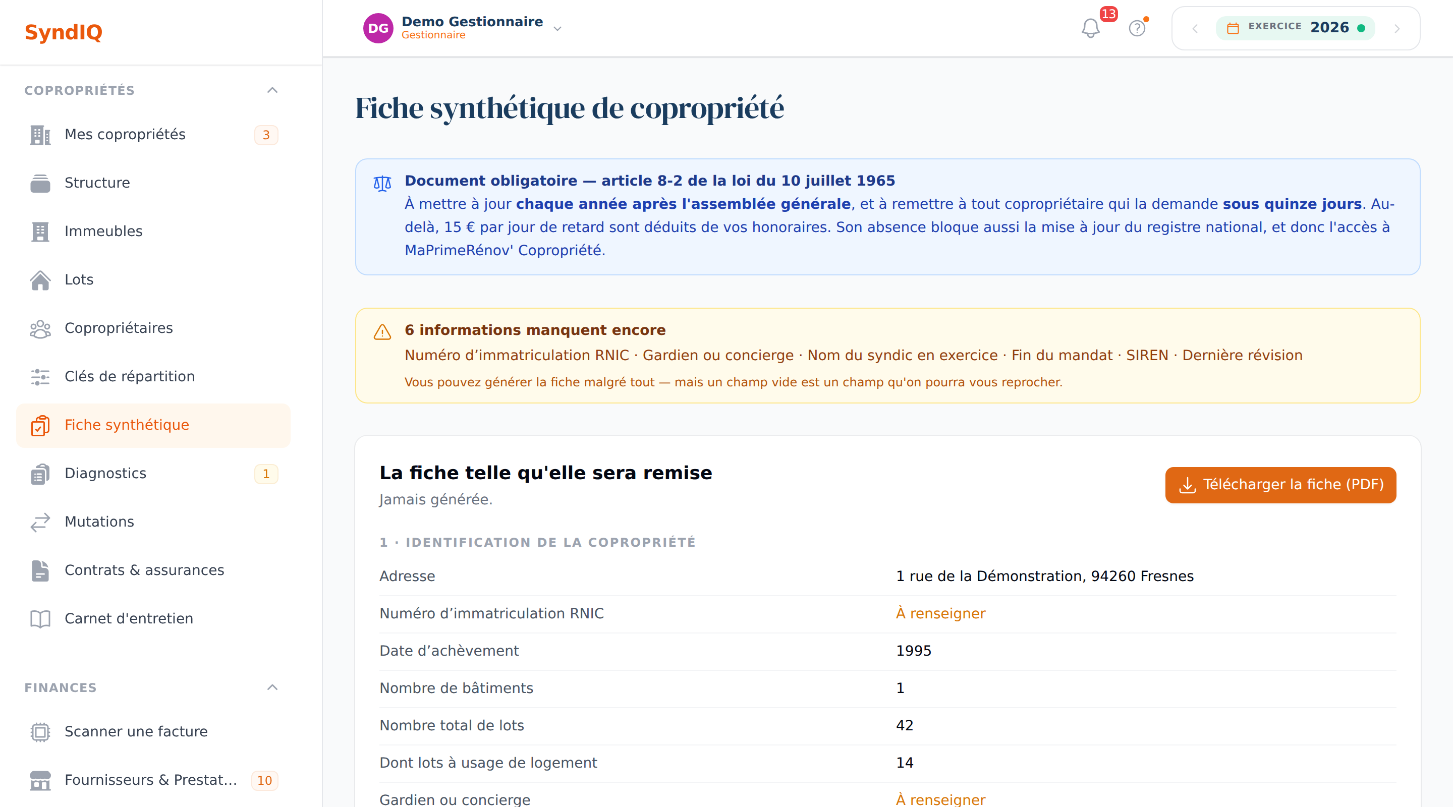 Fiche synthétique de copropriété : rappel de l'obligation, informations manquantes signalées, et la fiche telle qu'elle sera remise