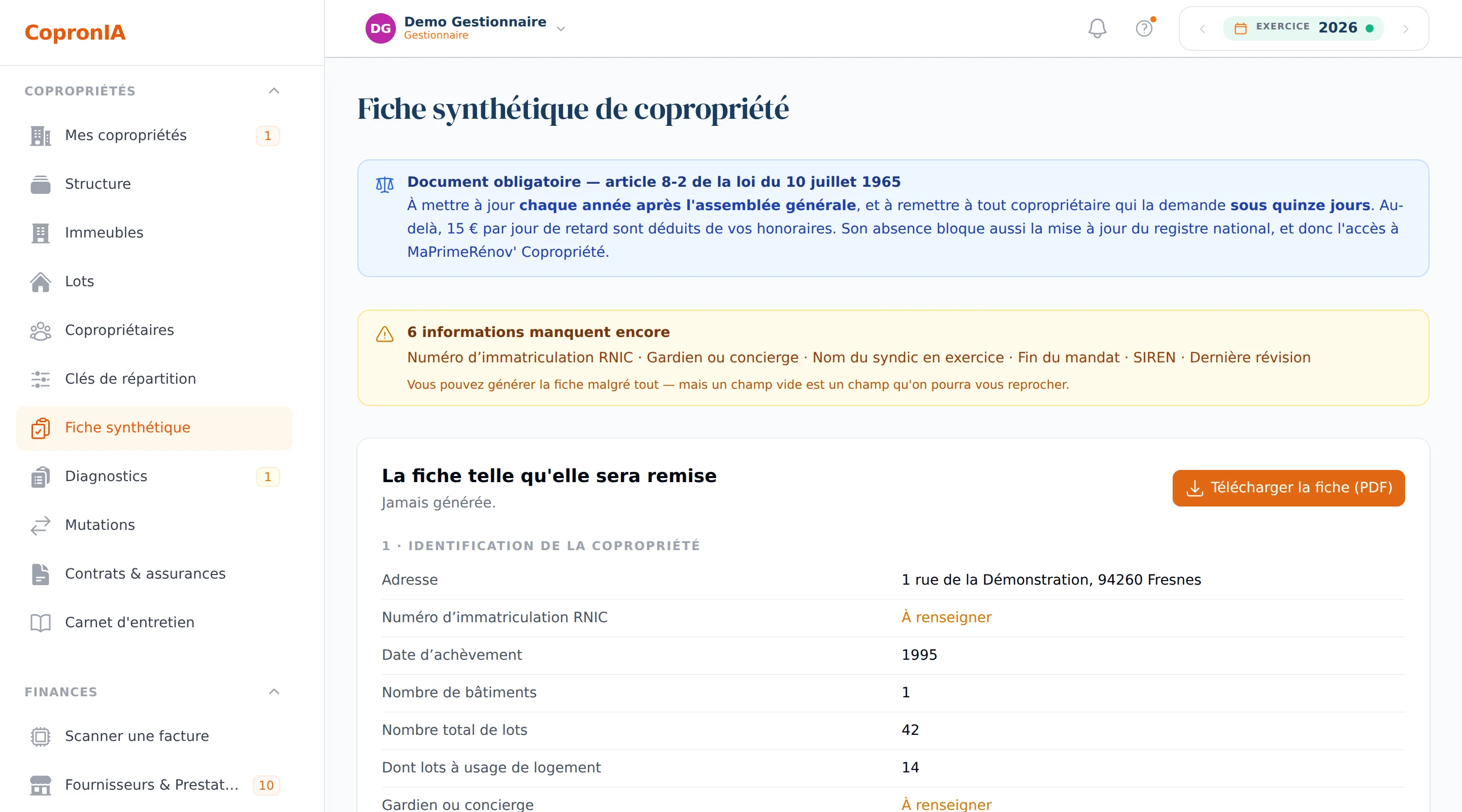 Fiche synthétique de copropriété : rappel de l'obligation, informations manquantes signalées, et la fiche telle qu'elle sera remise