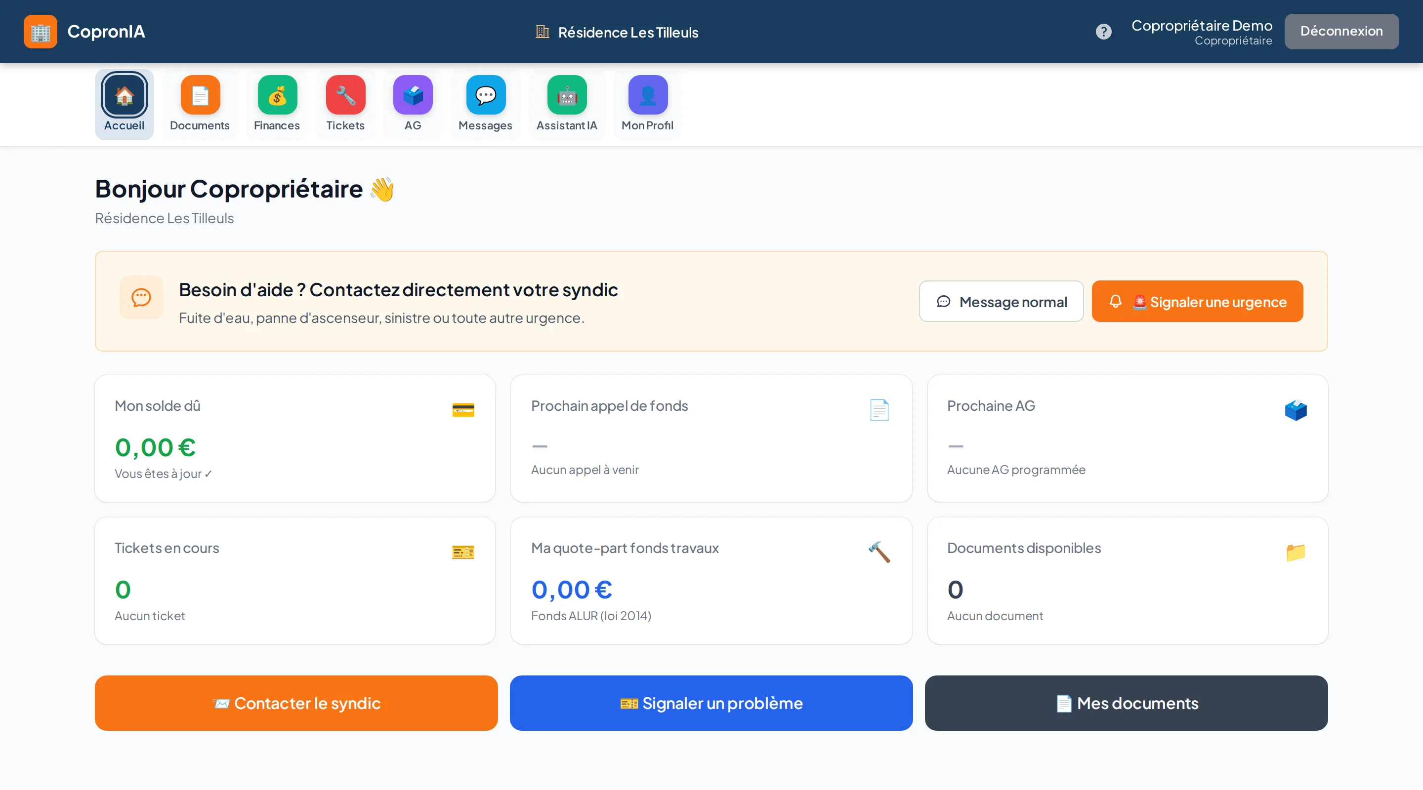 Espace copropriétaire sur ordinateur : solde à jour, prochain appel de fonds, prochaine AG, tickets en cours, documents disponibles
