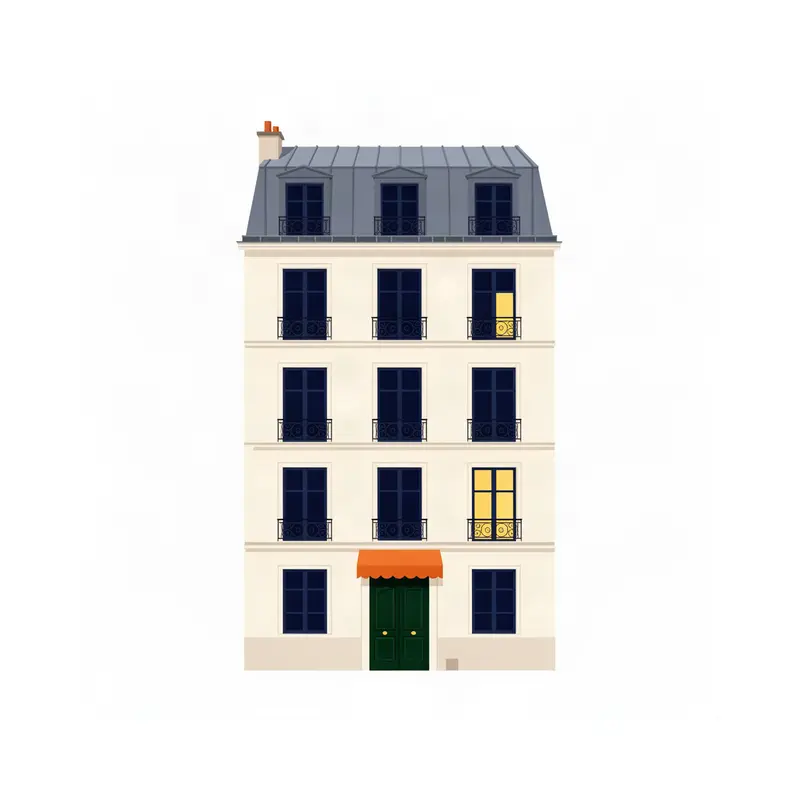 Façade d'un immeuble haussmannien, quelques fenêtres allumées