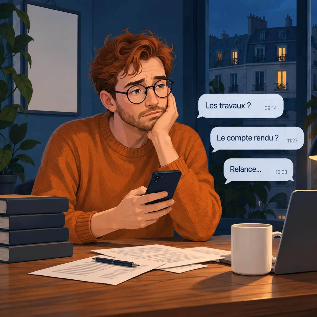 Sam, le soir à son bureau, téléphone en main, la joue dans la paume ; à côté, ses messages au syndic : « Les travaux ? », « Le compte rendu ? », « Relance… »